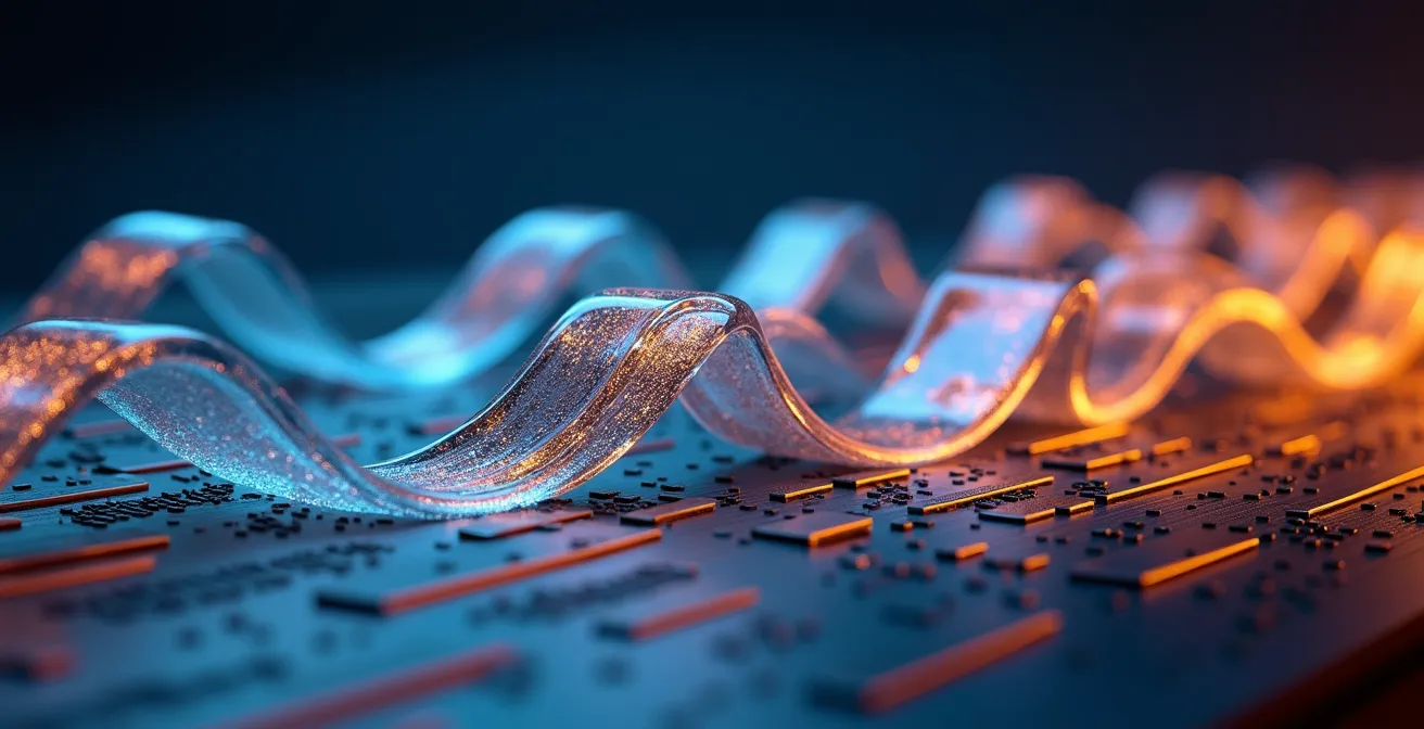 Cross-section view of PCB showing signal paths and ground planes